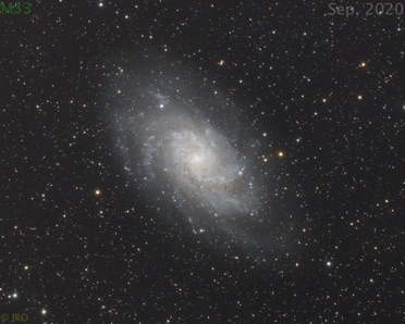 M33b captured over 6 nights in September 2020.  145x 3m subs Tak-FSQ85 w/ 1.01x on MX+ using ASI2600 OSC camera