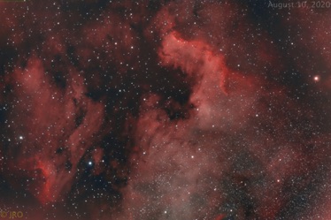 NGC7000-n-Pelican nebulas in OSC w/ L-Extreme filter on Aug 9-10, 2020  59 x 5m subs FSQ85 w/1.01x ZWO ASI2600 at unity gain on MX+