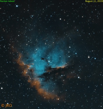 Pacman nebula imaged in SHO.  August 11, 2019  47x300sec subs using Atik One 9 w/ 5nm Astrodon filters on William Optics GTF81 using Paramount MX+