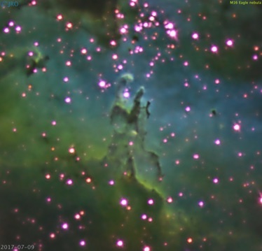 Pillars of Creation (Zoom in) Eagle nebula 7/9/17 60mins Ha, 30mins SII, 30mins OII Atik One 9.0