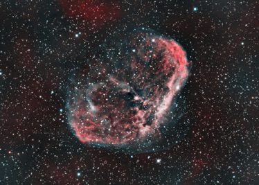 Crescent nebula in RGB with Ha enhanced R, and OII enhanced B and G channels.  Taken over 2 nights in late August and early September 2022.  See my astrobin page for the details.  Total exposure time approx 13 hours.