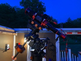 My 104mm Triplet refractor on the CGEPro in the NE corner of JRO.  Scope is sporting a ZWO ASI1600MM with EF-8 containing LRGB and HA, SII, OIII filters